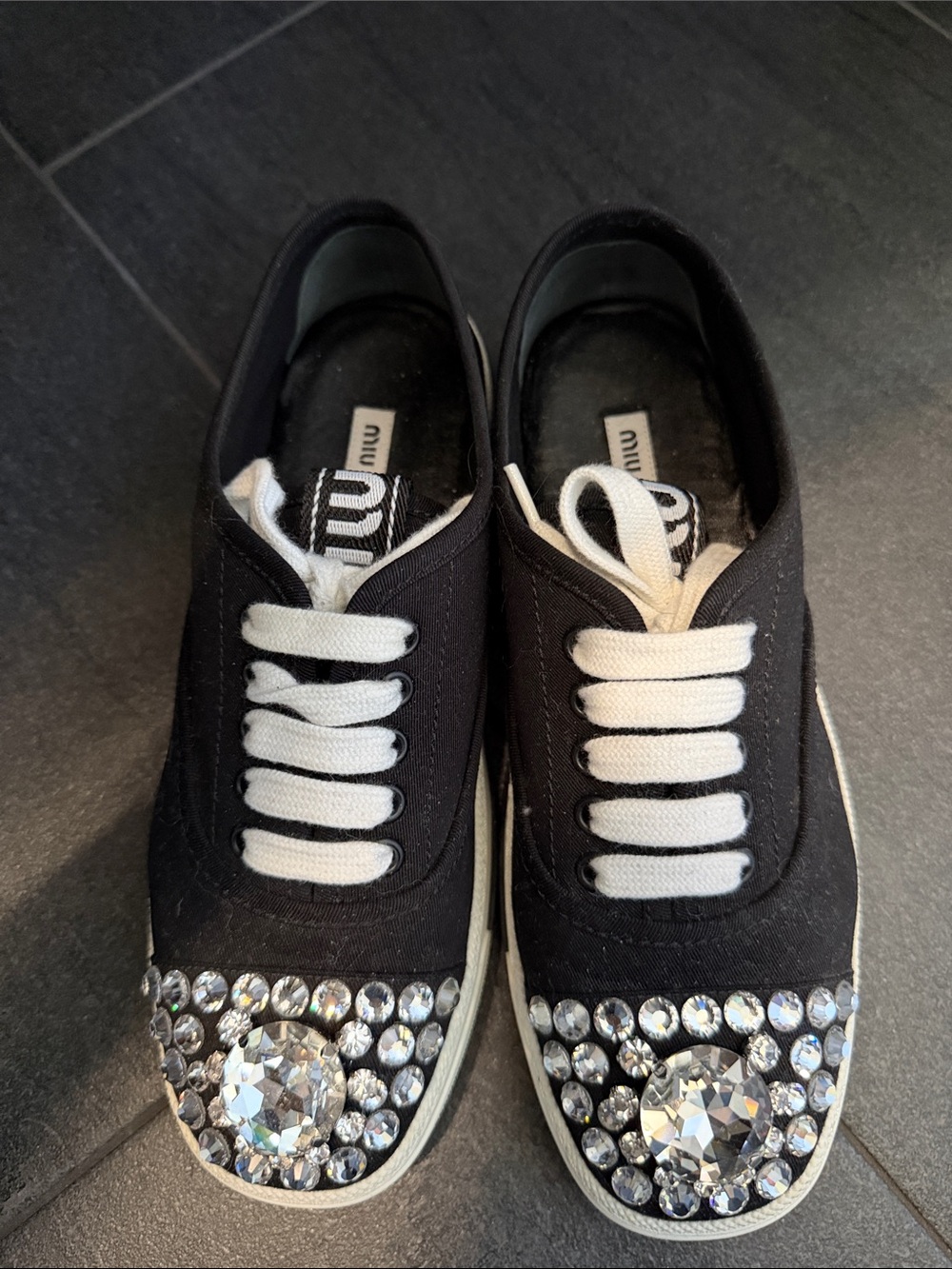 Miu Miu Black Canvas Crystal-Embellished Slip-On Sneakers
